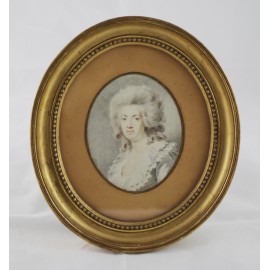 Portrait ovale à l'aquarelle "Femme dans le goût du 18ème siècle" époque début 19ème siècle