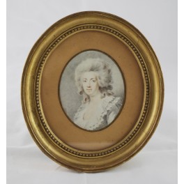 Portrait ovale à l'aquarelle "Femme dans le goût du 18ème siècle" époque début 19ème siècle
