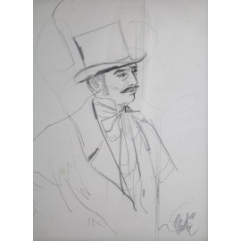 Dessin au crayon "Potrait d'homme au chapeau haut de forme" Jean-Baptiste Valadié (né en 1933)