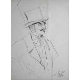 Dessin au crayon "Potrait d'homme au chapeau haut de forme" Jean-Baptiste Valadié (né en 1933)