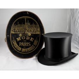 Boîte à chapeau 'Mode de Paris exposition universelle 1889' et chapeau haut de forme VENDU