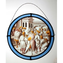 Vitrail en médaillon représentant un épisode de l'ancien testament 'Benjamin accusé de vol' époque début 20ème siècle