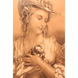 Tableau dessin au fusain "Jeune fille aux tourterelles" 19ème siècle