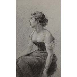 Dessin au fusain et craie blanche 'Femme assise à l'éventail' Victor René Livache (1872-1944)