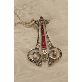 Collier en argent massif brillants, perles et pierres rouges vers 1900