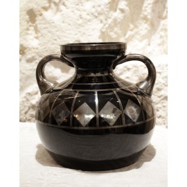 Vase en verre noir et décor géométrique argenté signé HEM, Michel Herman, vers 1930
