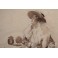 Dessin 'Femme assise buvant un thé' au lavis d'encre vers 1900