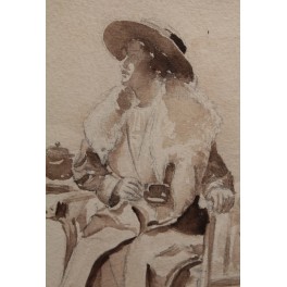 Dessin lavis d'encre et mine de plomb 'Femme assise buvant un thé' vers 1900