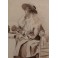 Dessin 'Femme assise buvant un thé' au lavis d'encre vers 1900