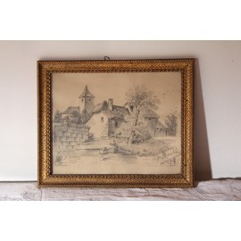 Dessin "La chaumière" signé R. Brault