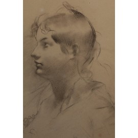 Dessin au fusain 'Portrait de femme de profil' signé Antonin Mercié (1845-1916)