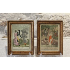 Deux gravures aquarellées 'L'eau et le feu' vers 1800, époque Empire