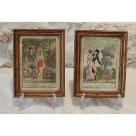 Deux gravures aquarellées 'L'eau et le feu' vers 1800, époque Empire