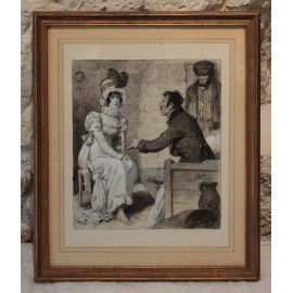 Dessin à l'encre et gouache 'La Visite' Édouard François Zier (1856-1924)