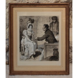 Dessin à l'encre et gouache 'La Visite' Édouard François Zier (1856-1924)