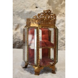 Grande boîte à bijoux en verre biseauté et laiton fin 19ème siècle