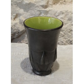 Vase noir et vert en faïence Blanche Letalle (1901-1990) St Clément vers 1950