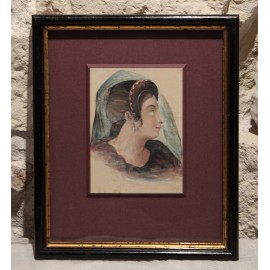 Tableau, aquarelle portrait de femme dans le style m&eacute;di&eacute;val, vers 1830-1850