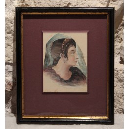 Tableau, aquarelle portrait de femme dans le style m&eacute;di&eacute;val, vers 1830-1850