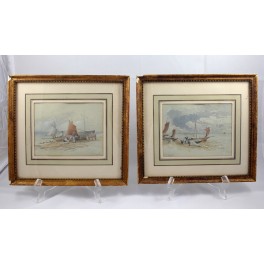 Paire d'aquarelles bateaux et pêcheurs signée John Frederik Tayler (1802-1889) provenance galerie Léo Schildof