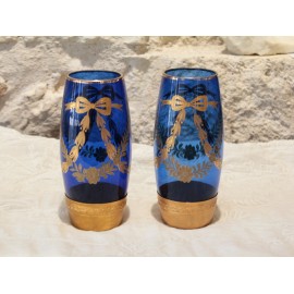 Paire de vases en verre bleu et or fin 19&egrave;me si&egrave;cle