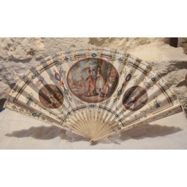 &Eacute;ventail en papier imprim&eacute; et brins en os Duvelleroy Elys&eacute;e Palace Hotel vers 1900