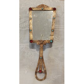 Miroir face &agrave; main en laiton dor&eacute; et cabochons fin 19&egrave;me si&egrave;cle