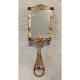 Miroir face &agrave; main en laiton dor&eacute; et cabochons fin 19&egrave;me si&egrave;cle