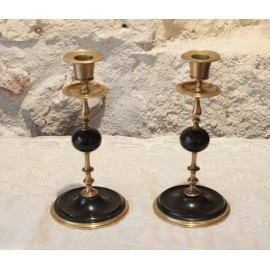 Paire de bougeoir en laiton dor&eacute; et marbre noir fin 19&egrave;me si&egrave;cle