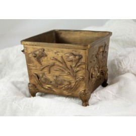 Pot ou cache-pot en bronze oiseaux et v&eacute;g&eacute;tation, Asie, 20&egrave;me si&egrave;cle