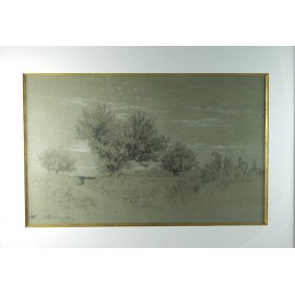 Dessin au fusain "Paysage de Fontainebleau" Alexandre Véron (1826-1897)