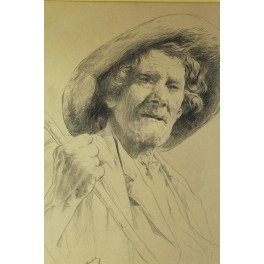 Dessin au crayon portrait de vieil homme signé Gaston Vuillier (1845-1915) VENDU